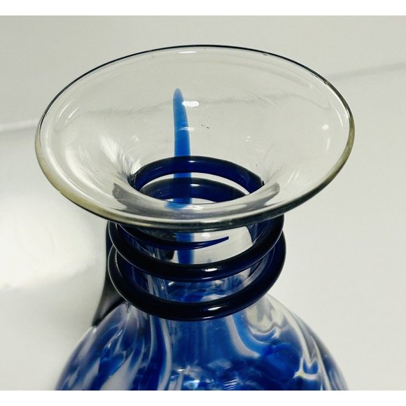 Spatter Blue White Hand Blown Glass Vase Applied Cobalt Blue Spiral Handle - Picture 4 of 7